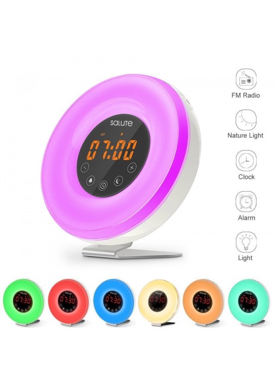 Wake Up Light Salute Sunrise Simulator Alarm Clock 6 Nature Sounds With USB Charger for Heavy Sleepers